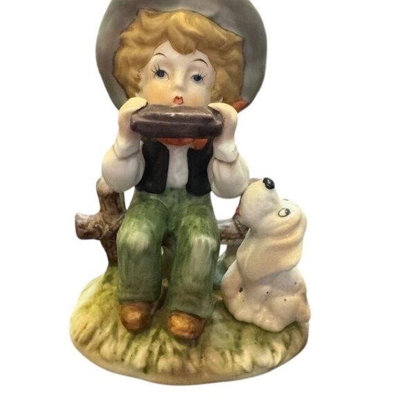 Vintage Ceramic Figurine Boy Playing Harmonica With Dog Companion Hand-Painted C - Picture 1 of 5